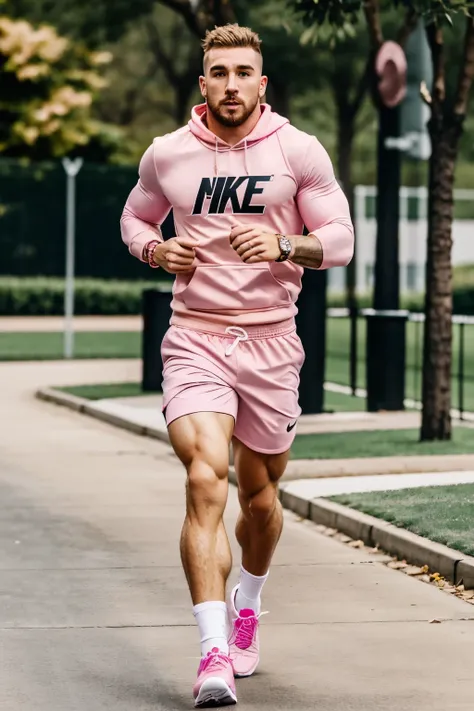 full view full body, over-muscular bodybuilded Travis Kelce running park wearing light pink hoodies and light pink jogger shorts, white socks, pink Nike sneakers, wearing dozens of golden rings and bracelets and looking satisfied