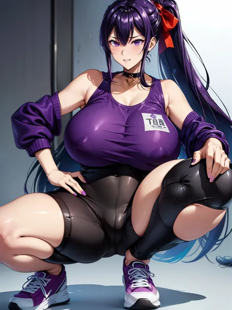 score_9、score_8_up、score_7_up、Source Anime、1 girl、Simple Background、White background、BBFate 、Purple Eyes、Long Hair、Purple Hair、Hair Ribbon、Red ribbon、Long dress、Huge breasts、Thick thighs、Wide Hips、squat、Sneakers、nail、長いnail、紫色のnail、Nail polish、ponytail、smi...