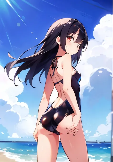 ((solo:1.2)),cute girl on a beach, 14 years old, slim body, wearing a leotard bikini, long black hair,medium breasts, standing rear view, small butt, buttcheeks, non-sexual, innocent, high-coverage