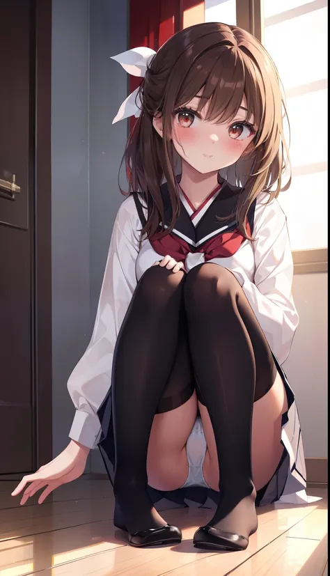 1girl in、Front-facing、Composition from below、Full body portrait、brown haired、Medium haircut、red blush、Absolute Area、knee sox、knee high、stockings、panthyhose、lacepantyhose、White underwear、No shoes、White pleated skirt、student clothes、Japan High School Student...