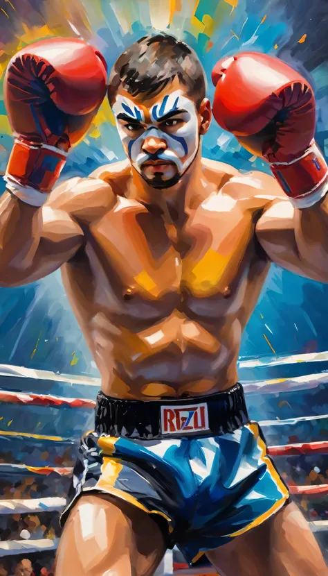 impressionist oil painting,boxer is preparing for the match,preparing for the fight,athletic build,strong muscles,concentration,fierce determination,sweat pouring down face,intense gaze,rippling muscles,impressive physique,rippling muscles,boxing gloves,bo...