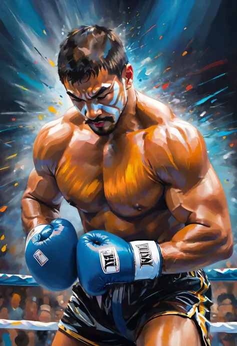 impressionist oil painting,tiger,boxer,preparing for the fight,athletic build,strong muscles,concentration,fierce determination,sweat pouring down face,intense gaze,rippling muscles,impressive physique,rippling muscles,boxing gloves,boxing shorts,tiger-str...