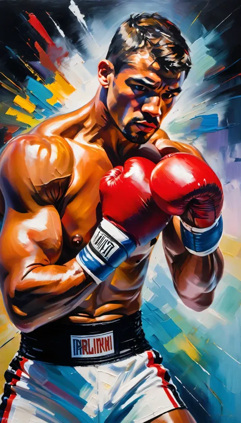 impressionist oil painting,boxer is preparing for the match,preparing for the fight,athletic build,strong muscles,concentration,...