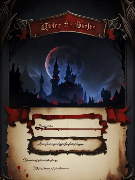 graphic design，dark red、Dark blue main color，Dark medieval style，Magic Age，Parchment scroll old style，Blood stains texture，In the center of the picture is a dark castle，There is a bloody title above the screen: &quot;Full Moon Night&quot;，The back of the c...