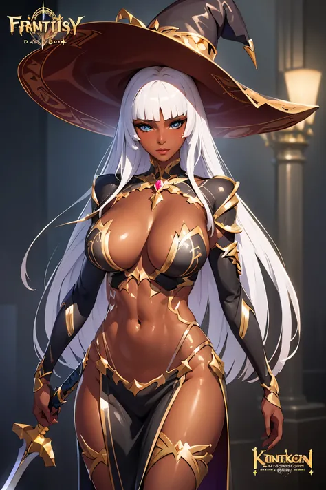 liliana 1girl, solo, long hair, looking at viewer, bangs, blue eyes, white hair, dark skin, blunt bangs, dark-skinned female, in a witch costume with a hat and a sword, concept art by Kamagurka, pixiv contest winner, fantasy art, extremely detailed artgerm...