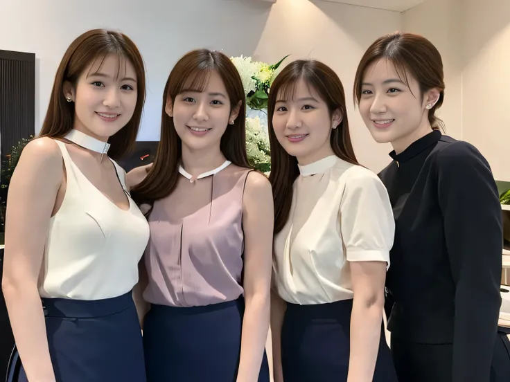 highest quality, masterpiece, Ultra-high resolution, (Realistic:1.4), ((Group of Japan young business women discussing at meeting, collaborative, Corporate event photography)), girl, 18-year-old, (Firm breasts:1.2), (Slim face, Narrow waist, Thin legs), ...