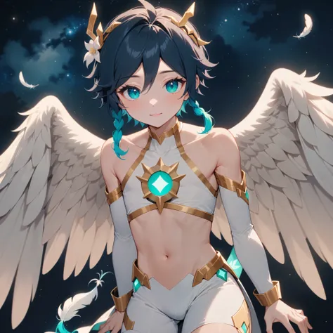 masterpiece,best quality,very aesthetic,absurdres,1boy,venti_/(archon/)_/(genshin_impact/),male_focus,detailed_eyes,(gnns:0.25),white feathered_wings,white halter_top,white shorts,hair_flower,midriff,black blue hair gradient,dsmile,((flat chest)),starry_sk...