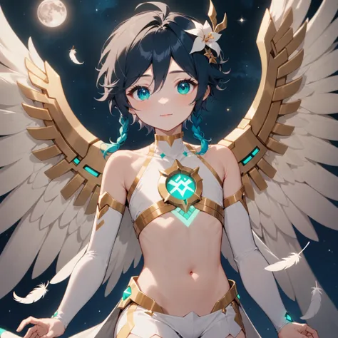 masterpiece,best quality,very aesthetic,absurdres,1boy,venti_/(archon/)_/(genshin_impact/),male_focus,detailed_eyes,(gnns:0.25),white feathered_wings,white halter_top,white shorts,hair_flower,midriff,black blue hair gradient,dsmile,((flat chest)),starry_sk...