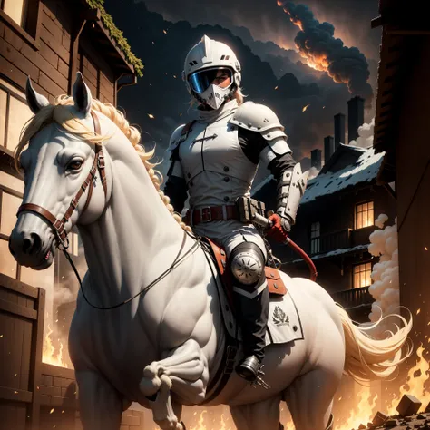 Future Tech Warrior，White Armor，white helmet，horse riding，City background，Red sky，sunshine，flame，Fire，The house is on fire，Armed with a water gun，Masked，Textured Helmet，Punk，City Streets，Running horses，modern city，Male warrior