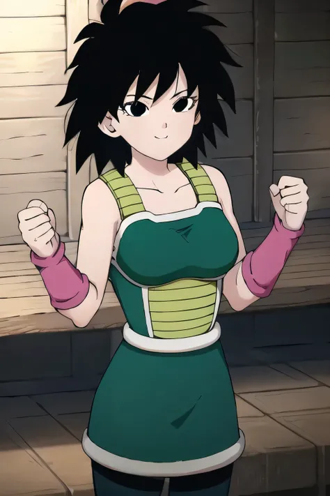 1girl, solo, ginedb, black hair, short hair, spiked hair, black eyes, collarbone, bare shoulders green saiyan armor, pink wristband, green skirt, black pantyhose, closed mouth, light smile, cowboy shot, sexy pose, indoor barn