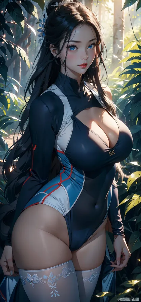 1 female，45 years old，Large Breasts，Long legs，Big breasts and thin waist， 照片曝Light，（background：In the woods，Rainforest，In the summer，Strong wind） She has long gray hair，Straight Hair，Red lips，stand up，Front view， OK， Gloomy sky，（（（masterpiece），（Highly deta...