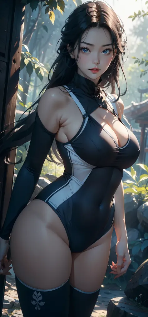 1 female，45 years old，Large Breasts，Long legs，Big breasts and thin waist， 照片曝Light，（background：In the woods，Rainforest，In the summer，Strong wind） She has long gray hair，Straight Hair，Red lips，stand up，Front view， OK， Gloomy sky，（（（masterpiece），（Highly deta...