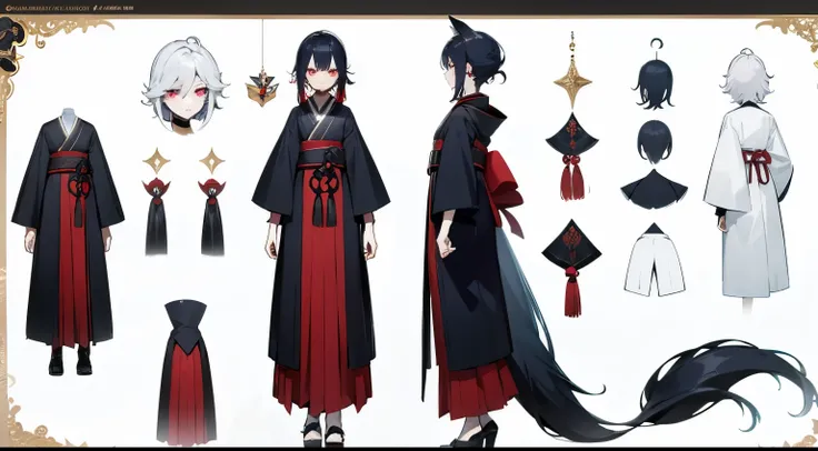 （（tmasterpiece）），（（（best qualtiy））），scaramouche_genshin,（CharacterDesignSheet，frontage，Lateral face，on  back），goth，solo, masterpiece，best quality，full body，Height 160cm，detailed，black  and red clothing, ouja style, navy hair, wolf cut, silver jewlery，conce...