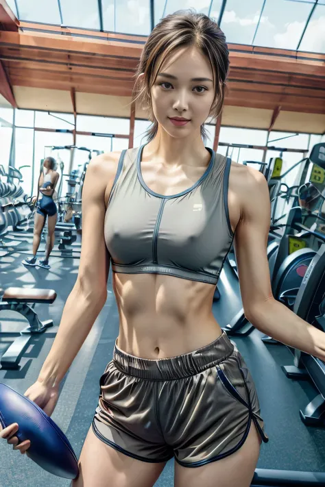 8K,(photorealistic:1.4), RAW photo, best quality, masterpiece, ultra high res, raw photo,cinematic lighting,depth of field,ray tracing, Japanese girl,Brown short wavy pixie hair over one eye,Meticulous sportswear girl,(at the gym:1.3),(Wear sophisticated a...