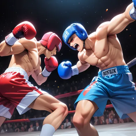 2 men，traditional media（boxing match:1.5、background arena、boxing gloves），whole body