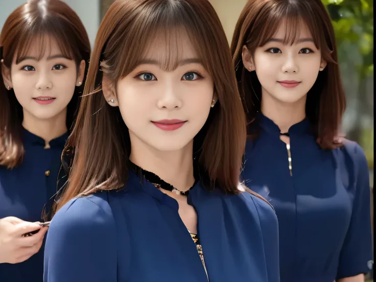 (Group photo, Multiple Girls, Cute Japanese woman with a perfect body, Five Girls), (office ladies), (masterpiece, high quality:1.2), Big Breasts, Office Suits, (smile), (office), Highly detailed face, Navy Suit, ((Black Choker, Big Breasts, blue eyes, Ve...