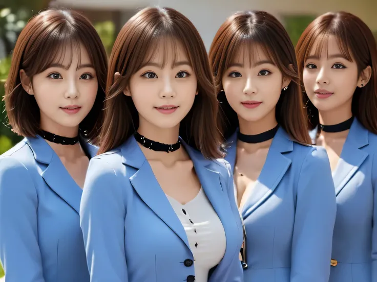 (Group photo, Multiple Girls, Cute Japanese woman with a perfect body, Five Girls), (office ladies), (masterpiece, high quality:1.2), Big Breasts, Office Suits, (smile), (office), Highly detailed face, Navy Suit, ((Black Choker, Big Breasts, blue eyes, Ve...