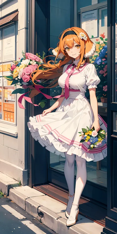 ((Roxanne)) ((woman dressed holding flowers and flowers near a store window)) 1girl, flower, solo (dog fluffy ears) [[orange hair]] pantyhose, bouquet, looking at viewer, black hairband, yellow eyes, dress, hair flower, holding a bouquet, standing, short s...