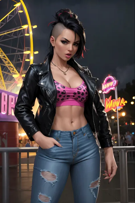 film photo ChristyMackQuiron woman, peinado Mohawk, mohawk hair, black hair, pelo negro, realista, a woman Shot putwearing a leopard shirt and tight jeans having fun in an amusement park, ahort black leather jacket, cleavage, chaqueta de cuero negro corta,...