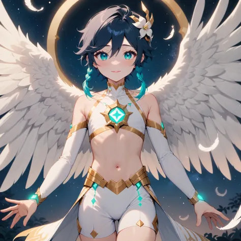 masterpiece,best quality,very aesthetic,absurdres,1boy,venti_/(archon/)_/(genshin_impact/),male_focus,detailed_eyes,(gnns:0.25),white feathered_wings,white halter_top,white shorts,hair_flower,midriff,black blue hair gradient,dsmile,((flat chest)),starry_sk...