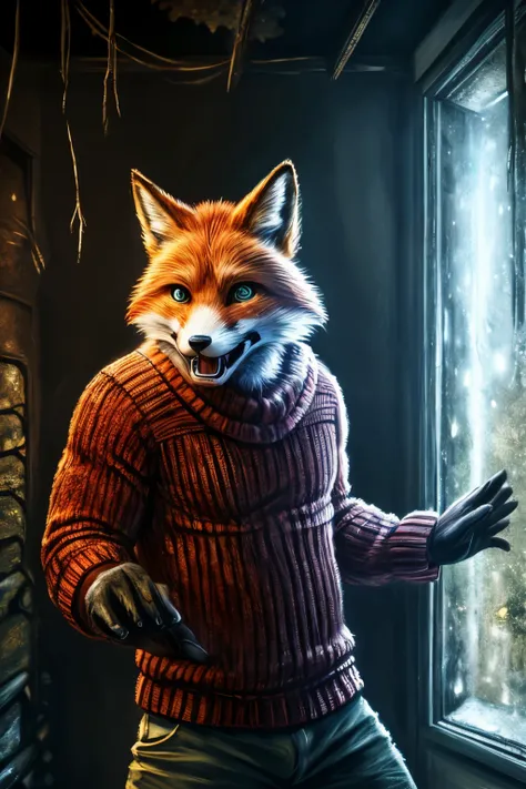 30 year old man, solo, ((antropomorfic fox)), ((fox with realistic fur)), red sweater with black sheves, scared, crying, open mo...