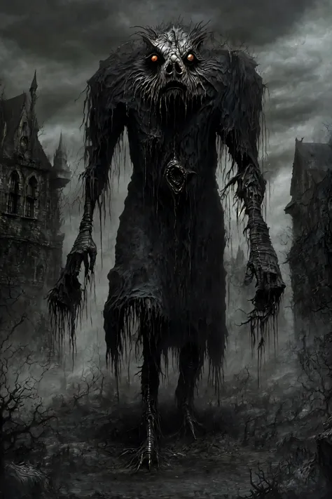 a dark and creepy looking creature standing in front of a castle