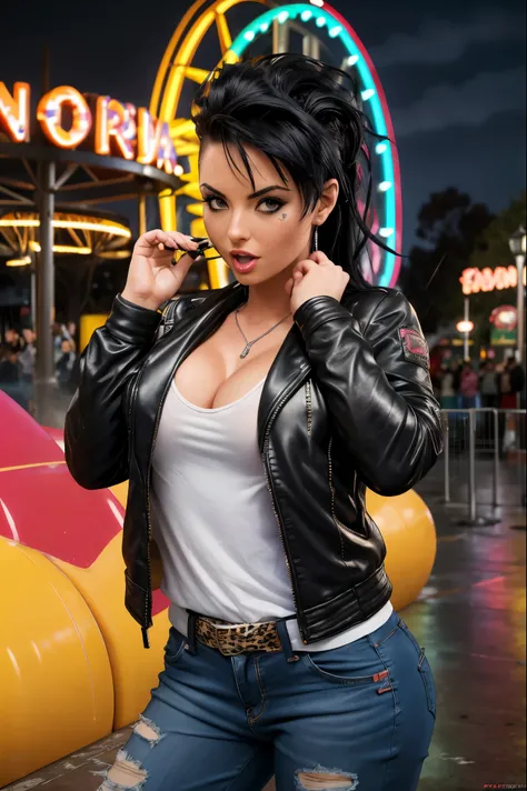 film photo ChristyMackQuiron woman, peinado Mohawk, mohawk hair, black hair, pelo negro, realista, a woman Shot putwearing a leopard shirt and tight jeans having fun in an amusement park, ahort black leather jacket, cleavage, chaqueta de cuero negro corta,...