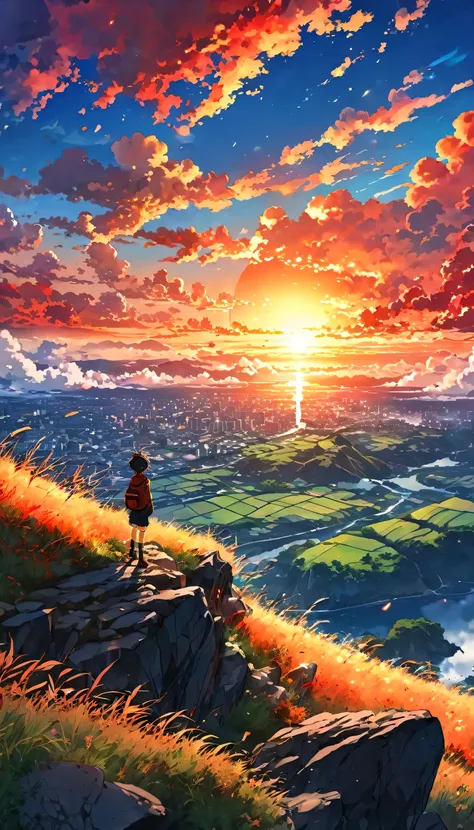 anime landscape of a boy on a hill of rocks with grasses, sunset with orange and red infernal clouds, anime nature wallpapers, beautiful anime scene, beautiful anime peace scene, Makoto Shinkai Cyril Rolando, beautiful scene of anime, amazing wallpaper, an...