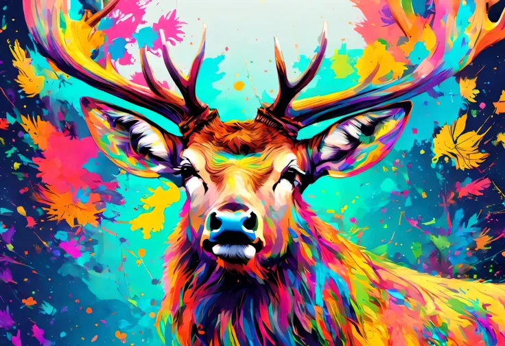 A Wapiti with colorful paint on its face and leaves, vector art:Zahari Zograf, Trending on Pexels, psychedelic art, Rich in color and detail, A complex and colorful masterpiece, art:Alessandro Pautasso, very complex and colorful, colorful hd images, A colo...