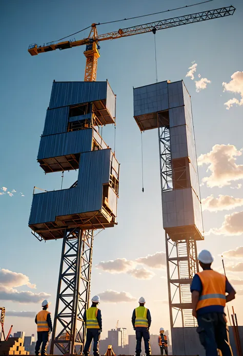 urban construction site，the tower crane and workers surrounding it，construction worker standing below looking up，(super detail, ...