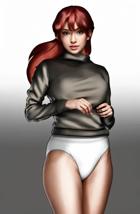 ((masterpiece, best quality)), ((((perfect anatomy)))), (((Curvy))), ((Latina with long red hair)), in ((white cotton high cut panties)), ((beige sweater)), ((wide hips)), (standing in front of a gradient screen), smirking, (((photo realistic)))