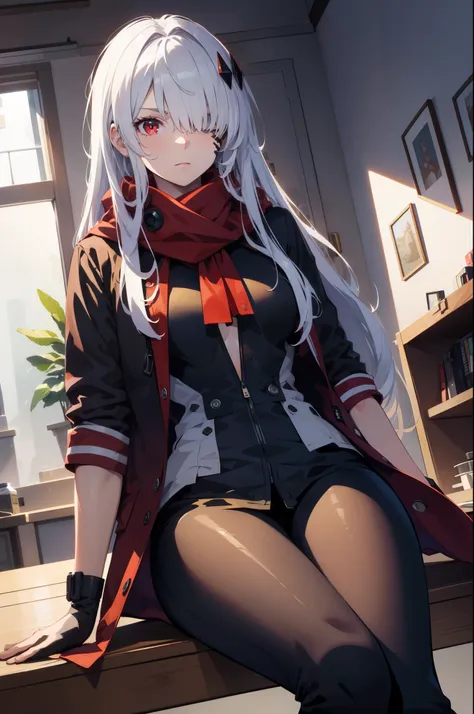 (best quality:1.3), (masterpiece:1.3), (illustration:1.3), (ultra-detailed:1.3), (mid shot:0.9), 1girl, white hair, one eye covered, ((hair over one eye)), solo, ((large breasts)), tall, mature, long hair, serious expression, red overcoat, black pants, upp...