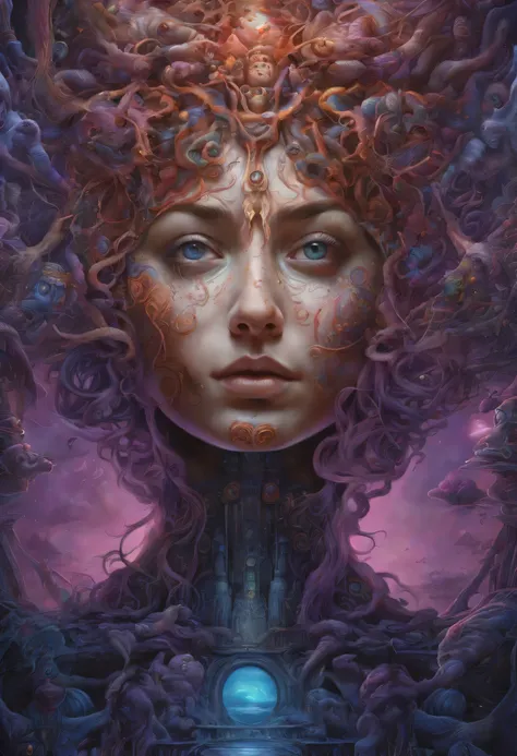 breathtaking oil painting, A surreal, hyper-realistic digital illustration that emulates the style of oil painting, seamlessly blending the aesthetics of Alex Grays psychedelic visionary art and HR Gigers biomechanical themes. The central focus of the pain...