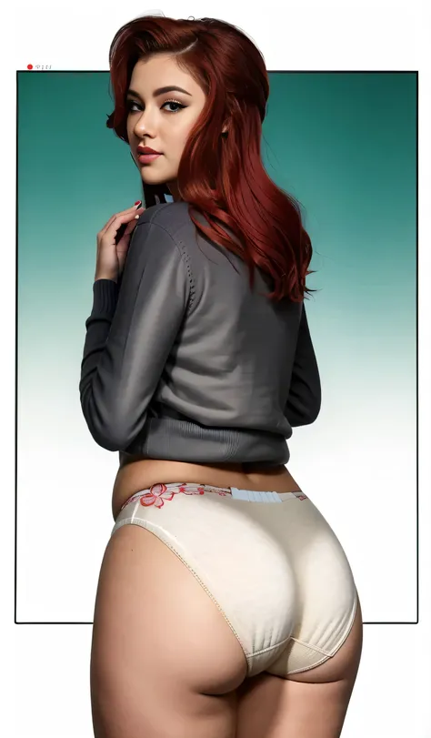 ((masterpiece, best quality)), ((((perfect anatomy)))), (((Curvy))), ((Latina with long red hair)), in ((white cotton high cut panties)), ((beige sweater)), ((wide hips)), (standing in front of a gradient screen), smirking, (((photo realistic)))