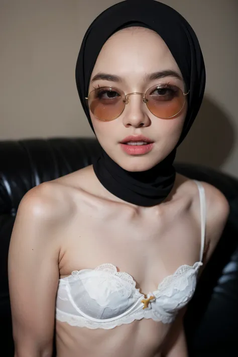 (((Sunglasses))), ((Colourful)), ((Big Tits:0.1)), ((Flat Chest:1)), Wear sunglasses and act like Rosyam, ((Closed Eyes)), ((Strapless Colourful bra Flat Chest)), Naked, Angry pose, Angry face, (((HIJAB MALAY GIRL))), masutepiece, High quality, UHD 45K, Re...