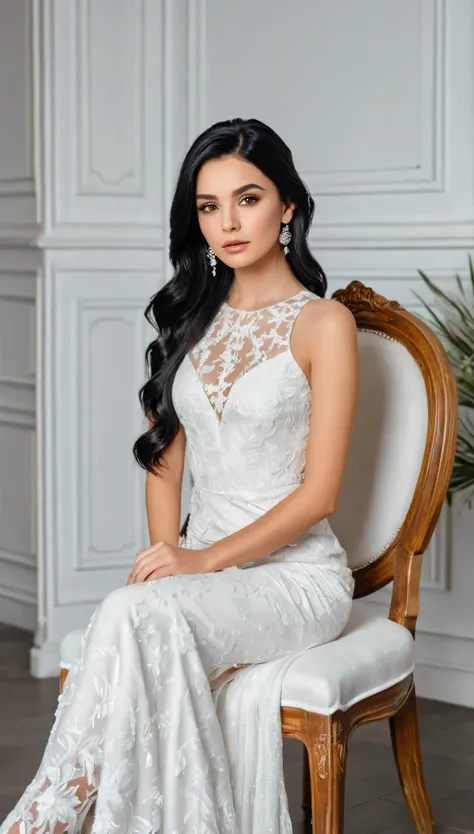 Beautiful black-haired girl with brown eyes in elegant white dress sitting on a chair inside a stylish room photo shoot 