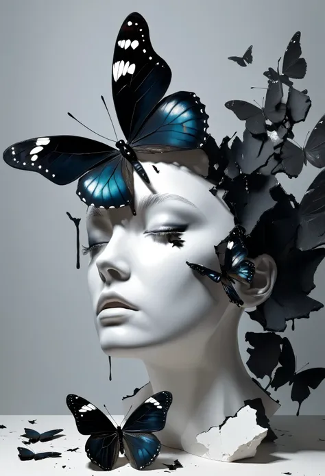 art work，3d，a delicate black butterfly on a broken portrait，light and shadow aesthetics，fear，thriller