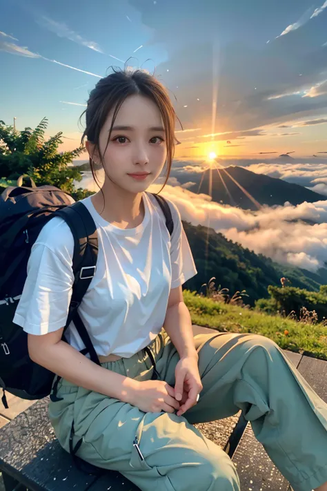 （highest quality、super realistic shooting）、majestic mountain、(((sea of clouds)))、woman watching the sunset、selfie、（（upper body））...