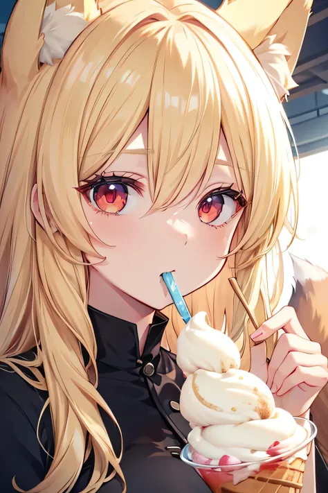 highest quality、、Big Breasts、Fox ears、Long blonde、Red Eye、Eating ice cream、Close-up shot