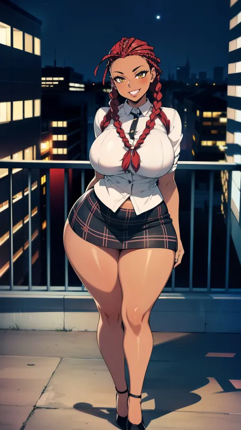 4K Quality, grinning, sexy pose, (black plaid skirt), standing up, ((black and red braids)), (dark skinned), thick thighs, big breasted, big ass, looking at viewer, amber eyes, night time, bedroom eyes, full body, city background, perfect face, perfect bod...