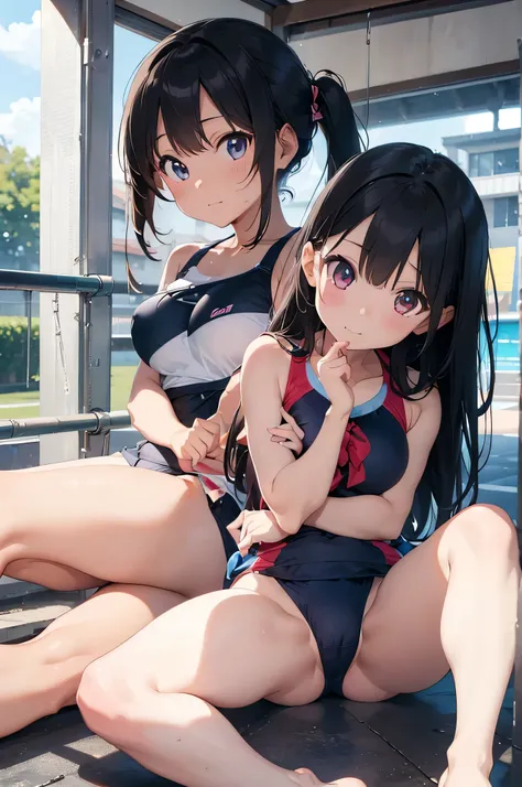 ((masterpiece)), ((high resolution)), ((best quality)), (ultra-detailed), anime, ((kawaii)), cute, (lovely), ((extremely detailed)), 4K, (8K), best quality, dynamic angle, (beautiful), (((((5girls))))),Swimwear,swimsuit,bikini,bikini,Squat,crouching,Kneeli...