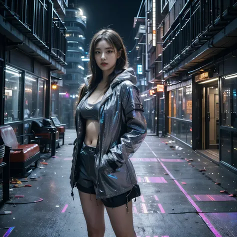 highest quality、Super fine、Realistic、Beautiful detailed eyes、Beautiful detailed lips、cyberpunk、huge breasts、(Tight holographic coat with gunmetal color bikini and shorts:1.4)、Mecha、Armament、Cyberpunk city girl、neon、Street graffiti、Night view、Mysterious atm...