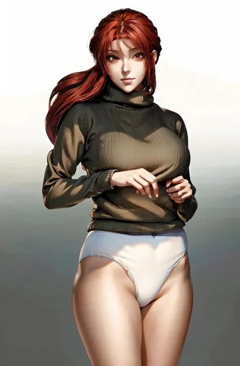 ((masterpiece, best quality)), ((((perfect anatomy)))), (((Curvy))), ((Latina with long red hair)), in ((white cotton high cut panties)), ((beige sweater)), ((wide hips)), (standing in front of a gradient screen), smirking, ((((anime art style))))