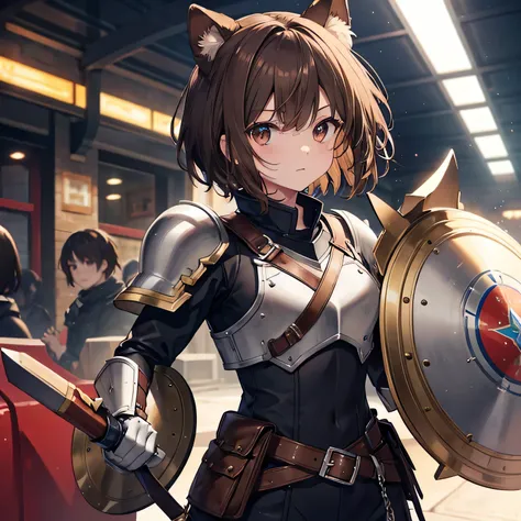 highest quality、、Dog ears、Brown Hair、short hair、Brown eyes、leather armor、Shield in left hand