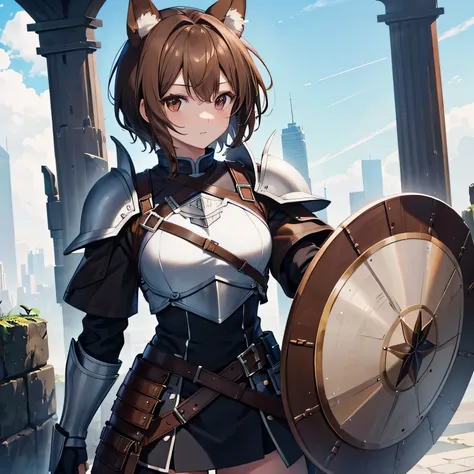 highest quality、、Dog ears、Brown Hair、short hair、Brown eyes、leather armor、Shield in left hand