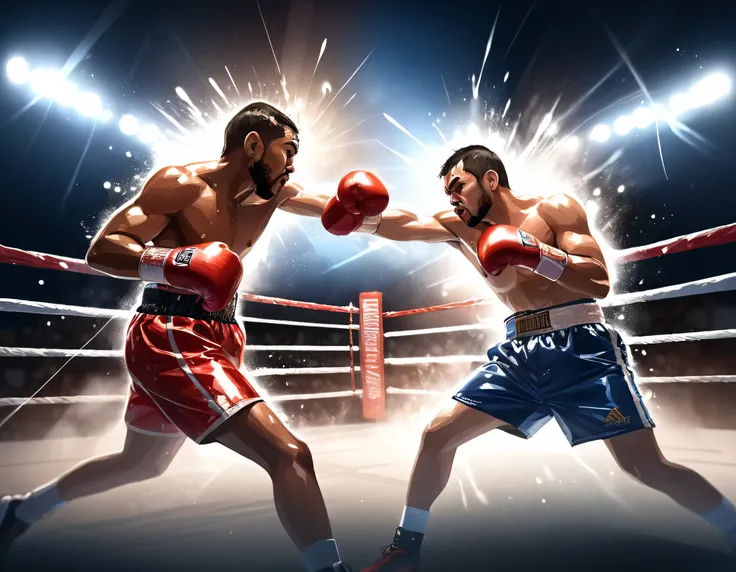 illustration of a boxing title match, dynamic strokes, glancing sides, sweat splattered to perfection, motion blur: 1.3, dynamis...