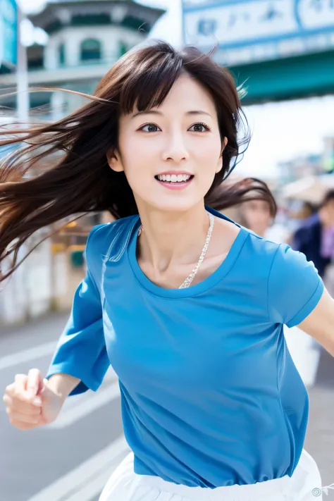 Masterpiece, 8K, high quality, high resolution, skinny Japanese woman, 30 years old, (detailed face, detailed eyes), running at full speed along the seaside street, a photo capturing a cool moment