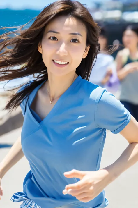 Masterpiece, 8K, high quality, high resolution, skinny Japanese woman, 30 years old, (detailed face, detailed eyes), running at full speed along the seaside street, a photo capturing a cool moment