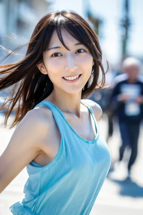 Masterpiece, 8K, high quality, high resolution, skinny Japanese woman, 30 years old, (detailed face, detailed eyes), running at full speed along the seaside street, a photo capturing a cool moment