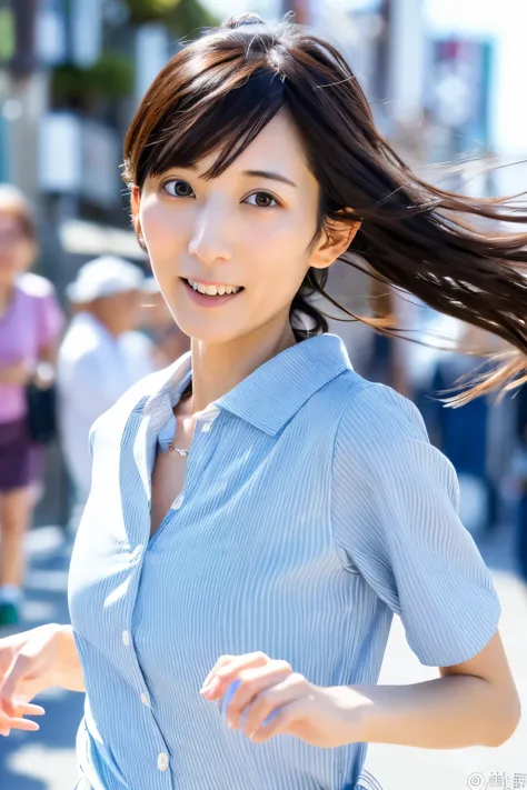 Masterpiece, 8K, high quality, high resolution, skinny Japanese woman, 30 years old, (detailed face, detailed eyes), running at full speed along the seaside street, a photo capturing a cool moment